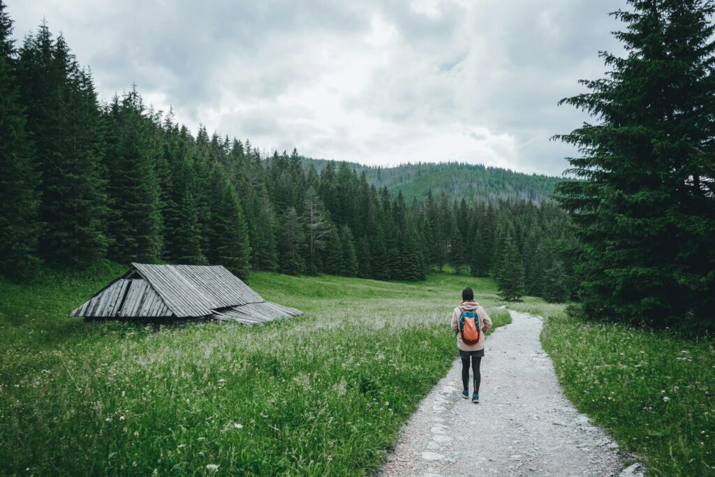 Mechanizm autodestrukcji: Dlaczego sabotujesz to, czego najbardziej pragniesz? Woman hiking on a serene mountain trail in the Tatra Mountains of Poland. Perfect for adventure seekers.