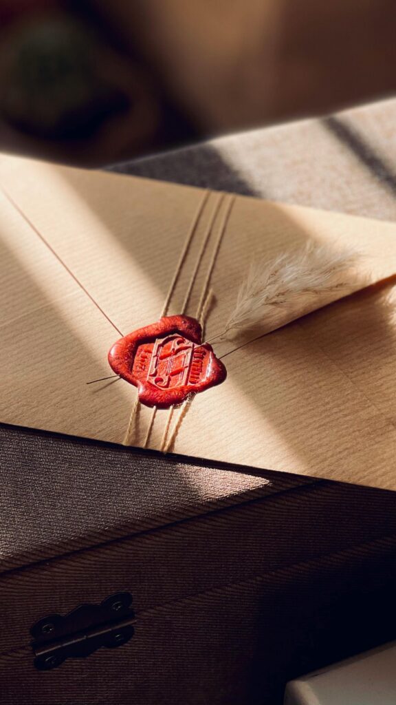 Umowy, pakty i certyfikaty duszy – Niewidzialne mury ograniczające Twoje życie. A close-up of a vintage-style envelope with a wax seal, bathed in natural sunlight.